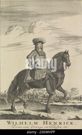 Portrait équestre de Guillaume III, Prince d'Orange, Portrait équestre de Guillaume III en arrière-plan un combat de chevaux. Dans la marge inférieure sont le nom et les titres., imprimer, imprimeur : anonyme, pays bas, 1670 - 1749, papier, gravure, gravure, hauteur, 281 mm × largeur, 180 mm Banque D'Images