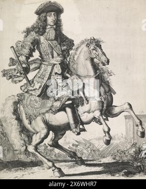 Portrait équestre de Guillaume III, Prince d'Orange, portrait équestre de Guillaume III dans sa main droite un état-major de commandement. Une bataille en arrière-plan., print, print maker : Anonymous, Low Countries, 1670 - 1749, papier, gravure, gravure, hauteur, 358 mm × largeur, 291 mm Banque D'Images