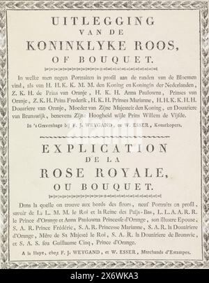 Texte accompagnant les roses avec des portraits de silhouettes de Guillaume Ier Frederik, roi des pays-Bas, Wilhelmine de Prusse, leurs enfants, ses parents et sa sœur, feuille de texte, éditeur : François Joseph Weygand, (mentionné sur l'objet), éditeur : Wijnand Esser, (mentionné sur l'objet), la Haye, 1815 - 1819, papier, typographie, hauteur, 218 mm × largeur, 172 mm Banque D'Images