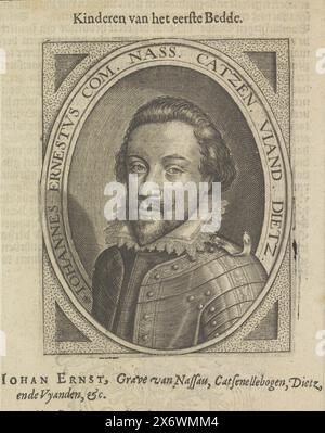 Portrait de Jean-Ernest Ier, Comte de Nassau-Siegen, Portrait de Jean-Ernest Ier dans un ovale avec écriture de bord qui se connecte aux épaules., impression, imprimeur : anonyme, pays-Bas, 1600 - 1699, papier, gravure, gravure, impression typographique, hauteur, 178 mm × largeur, 139 mm Banque D'Images