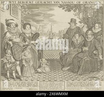 Portrait de famille de Willem Ier, Prince d'Orange, Louise de Coligny, Philip Willem, Maurits et Frederik Hendrik, Princes d'Orange, Amalia van Solms, et leurs enfants, portrait de famille de Willem Ier, Louise, Philip Willem, Maurits, Frederik Hendrik, Amalia et leurs enfants Willem II, Louise Henriëtte et Henriëtte Amalia. Autour d'elle se trouvent un certain nombre d'objets allégoriques. En arrière-plan Frederik V, Elisabeth Stuart, leurs enfants et la ville de la Haye. Une ligne de texte néerlandais dans la marge supérieure. Dans la marge inférieure, leurs noms, leurs titres et huit lignes de texte néerlandais., imprimer, imprimer Banque D'Images