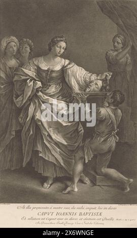 Salomé avec la tête de Jean-Baptiste, Caput Joannis Baptistae (titre sur objet), avec légende en latin., estampe, imprimeur : Jakob Frey (I), (mentionné sur objet), après dessin par : Jakob Frey (I), (mentionné sur objet), après peinture par : Guido Reni, (mentionné sur objet), Rome, 1745, papier, gravure, hauteur, 528 mm × largeur, 335 mm Banque D'Images