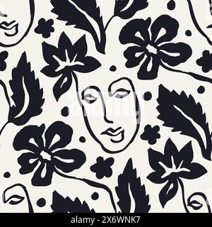 Pinceau noir et blanc coups d'encre laver les fleurs et les visages féminins motif sans couture Illustration de Vecteur