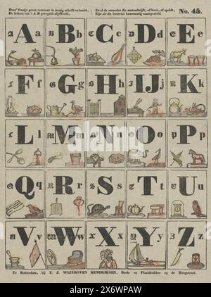 Cette belle estampe montre dans de nombreux scripts et images, les lettres d'Un B sont régulièrement divisées, et tous les mots que l'on écrit, ou lit, ou sorts, sont artificiellement créés à partir de cette police (titre sur objet), feuille avec 25 représentations des lettres de l'alphabet, chacune illustrée de deux objets, animaux ou figures dont les mots commencent par la lettre en question. Numéroté en haut à droite : No. 45., impression, éditeur : Theodorus Johannes Wijnhoven-Hendriksen, (mentionné sur l'objet), imprimeur : Anonymous, Rotterdam, 1832 - 1850, papier, impression typographique, hauteur, 409 mm × largeur, 330 mm Banque D'Images