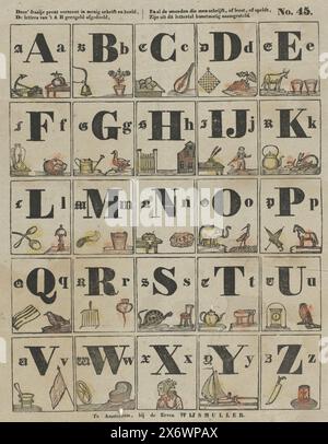 Cette belle estampe montre dans de nombreux scripts et images, les lettres d'Un B sont régulièrement divisées, et tous les mots que l'on écrit, ou lit, ou sorts, sont artificiellement créés à partir de cette police (titre sur objet), feuille avec 25 représentations des lettres de l'alphabet, chacune illustrée de deux objets, animaux ou figures dont les mots commencent par la lettre en question. Numéroté en haut à droite : No. 45., imprimé, Erve Wijsmuller, (mentionné sur l'objet), éditeur : Theodorus Johannes Wijnhoven-Hendriksen, (mentionné sur l'objet), imprimeur : Anonymous, Amsterdam, éditeur : Rotterdam, 1832 - 1850 Banque D'Images