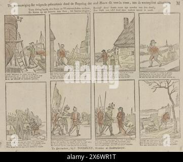 Pour immortaliser l'événement suivant, le gouvernement de la ville de Hoorn fit sculpter ce verset dans la pierre à la porte ouest (...) (titre sur l'objet), feuille avec 8 représentations sur Lambert Melisz. En février 1574, Lambert Melisz de Zaandam a mis sa mère âgée sur un traîneau et s'est enfui avec elle à travers la glace dans le froid rigoureux. En chemin, ils ont été attrapés par les Espagnols. Lorsque les soldats ont trouvé le garçon avec sa mère frissonnante cachée sous des couvertures, ils ont été tellement émus que les deux ont été laissés tranquilles. Après un voyage difficile, Lambert Meliszoon atteint en toute sécurité les portes de Hoorn avec les siens Banque D'Images