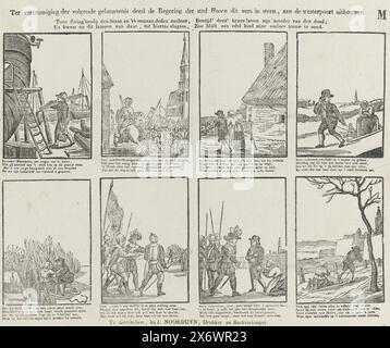 Pour immortaliser l'événement suivant, le gouvernement de la ville de Hoorn fit sculpter ce verset dans la pierre à la porte ouest (...) (titre sur l'objet), feuille avec 8 représentations sur Lambert Melisz. En février 1574, Lambert Melisz de Zaandam a mis sa mère âgée sur un traîneau et s'est enfui avec elle à travers la glace dans le froid rigoureux. En chemin, ils ont été attrapés par les Espagnols. Lorsque les soldats ont trouvé le garçon avec sa mère frissonnante cachée sous des couvertures, ils ont été tellement émus que les deux ont été laissés tranquilles. Après un voyage difficile, Lambert Meliszoon atteint en toute sécurité les portes de Hoorn avec les siens Banque D'Images