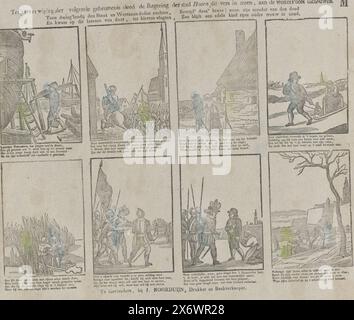 Pour immortaliser l'événement suivant, le gouvernement de la ville de Hoorn fit sculpter ce verset dans la pierre à la porte ouest (...) (titre sur l'objet), feuille avec 8 représentations sur Lambert Melisz. En février 1574, Lambert Melisz de Zaandam a mis sa mère âgée sur un traîneau et s'est enfui avec elle à travers la glace dans le froid rigoureux. En chemin, ils ont été attrapés par les Espagnols. Lorsque les soldats ont trouvé le garçon avec sa mère frissonnante cachée sous des couvertures, ils ont été tellement émus que les deux ont été laissés tranquilles. Après un voyage difficile, Lambert Meliszoon atteint en toute sécurité les portes de Hoorn avec les siens Banque D'Images