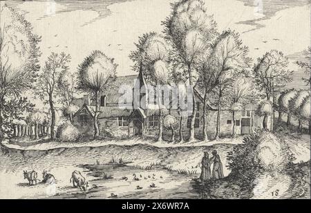 Figures à un étang, paysages avec des bâtiments (titre de la série), à un étang, devant un groupe de maisons, il y a deux personnes et quelques bovins. Canards et oiseaux nagent dans l'étang., impression, imprimeur : Claes Jansz. Visscher (II), après conception de : Meester van de Kleine Landschappen, après impression de : Johannes de Lucas van Doetechum, Amsterdam, 1620, papier, gravure, hauteur, 103 mm × largeur, 158 mm Banque D'Images
