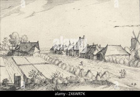 Maisons sur une route, paysages avec des bâtiments (titre de la série), vue d'un paysage plat avec une route avec des maisons de chaque côté. Certaines personnes marchent le long de la route et il y a un moulin sur la droite., imprimeur, imprimeur : Claes Jansz. Visscher (II), après conception de : Meester van de Kleine Landschappen, après impression de : Johannes de Lucas van Doetechum, Amsterdam, 1620, papier, gravure, hauteur, 103 mm × largeur, 158 mm Banque D'Images