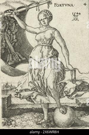 Fortune, Fortuna (titre sur objet), vertus et vices (titre de la série), personnification de la fortune (Fortuna). Une femme debout avec un pied sur un ballon, dans sa main droite une voile avec la roue de Fortune dessus. Quatrième tirage d'une série de quatorze avec personnifications de vertus et de vices., imprimé, imprimeur : Heinrich Aldegver, (mentionné sur l'objet), après tirage par : Cornelis Anthonisz., Allemagne, 1549, papier, gravure, hauteur, 70 mm × largeur, 48 mm Banque D'Images