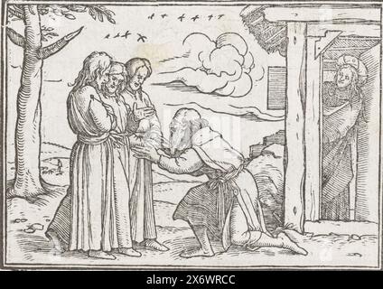 Abraham et les trois anges, Abraham accueille les trois anges dans sa maison. Contrairement à la tradition visuelle, ils ne sont pas reconnaissables ici à leurs ailes. Dans la marge au-dessus de l'image se trouve le texte : Genèse XVIII Banque D'Images