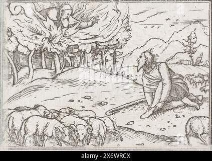 Moïse et le buisson ardent, Moïse est assis sur le mont Horeb avec le troupeau de moutons de son beau-père quand il voit Dieu apparaître dans un buisson ardent dans une vision. Dans la marge au-dessus de l'image se trouve le texte Exodi III Banque D'Images