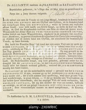 Alliance entre les Républiques française et batave, décoration sur la mairie de la place du Dam, 1795 (explication), Alliance entre les Républiques française et batave conclue au Hage le 16 mai 1795 et ratifiée à Paris le 4 juin suivant (titre sur objet), feuille de texte avec une explication de la représentation de l'Alliance entre les Républiques française et batave, décoration allégorique sur la façade de l'Hôtel de ville sur la place du Dam à Amsterdam. Probablement appartenant à une édition séparée des plaques libres des décorations érigées dans la ville lors de la célébration de la Banque D'Images