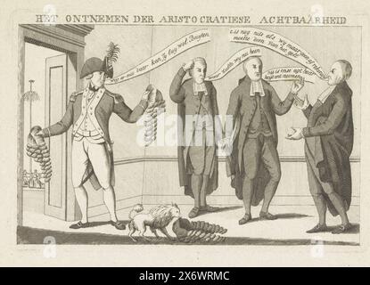 Caricature sur l'aristocratie (1), 1795, la privation de la Respectfulness de l'aristocratie (titre sur l'objet), caricature sur l'aristocratie, 1795. Un soldat français déshabille trois hommes (prédicateurs ?) de leurs perruques et marche avec eux à une porte. Un Keeshond traîne une perruque le long du sol. Les hommes se plaignent que leur respectabilité leur a été enlevée. Par la porte une vue de la danse autour de l'arbre de la liberté. Voir aussi pendentif., impression, imprimeur : anonyme, pays-Bas, 1795, papier, gravure, hauteur, 151 mm × largeur, 225 mm Banque D'Images