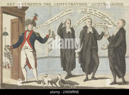 Caricature sur l'aristocratie (1), 1795, la privation de la Respectfulness de l'aristocratie (titre sur l'objet), caricature sur l'aristocratie, 1795. Un soldat français déshabille trois hommes (prédicateurs ?) de leurs perruques et marche avec eux à une porte. Un Keeshond traîne une perruque le long du sol. Les hommes se plaignent que leur respectabilité leur a été enlevée. Par la porte une vue de la danse autour de l'arbre de la liberté. Voir aussi pendentif., impression, imprimeur : anonyme, pays-Bas, 1795, papier, gravure, hauteur, 151 mm × largeur, 225 mm Banque D'Images