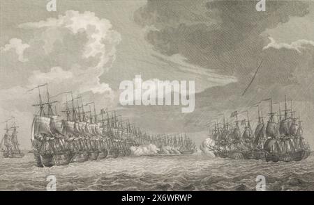 Bataille maritime de Kamperduin (début), 1797, trois plaques de la bataille maritime de Kamperduin, 1797 (titre de la série), la bataille maritime de Kamperduin le 11 octobre 1797 entre la flotte batave commandée par le vice-amiral Jan Willem de Winter et une flotte britannique commandée par l'amiral Adam Duncan. Début de la bataille avec la flotte batave sur la gauche en ligne avec les navires Equality et Vrijheid (ce navire commandé par de Winter) ; sur la droite les navires anglais en ligne, commandés par le vice-amiral Onslow et l'amiral Duncan., imprimerie, imprimerie: Reinier Vinkeles (I), (mentionné sur l'objet), après dessin par Banque D'Images