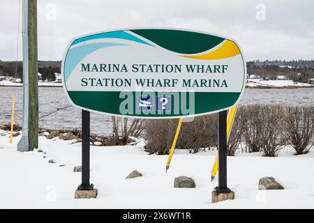 Bienvenue au panneau Station Wharf Marina à Miramichi, Nouveau-Brunswick, Canada Banque D'Images