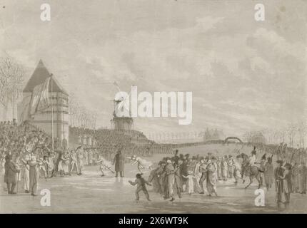 Compétition de patinage pour femmes à Leeuwarden, 1805, compétition de patinage pour femmes sur une patinoire sur le canal de la ville à Leeuwarden, les 1er et 2 février 1805. Avec de nombreux spectateurs sur la glace et sur le rivage., impression, imprimeur : Jan Anthonie Langendijk DZN, (possiblement), après impression par : Jacob Ernst Marcus, après dessin par : Aldert Jacob van der Poort, Amsterdam, 1805 - 1807, papier, gravure, hauteur, 302 mm × largeur, 390 mm Banque D'Images