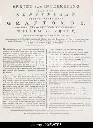 Avis de souscription pour l'estampe avec le monument funéraire allégorique du prince Willem V, 1806, avis de souscription d'une plaque d'art représentant une tombe, à la mort de son Altesse Sérénissime Willem le Cinquième (...) (titre sur l'objet), imprimé avis de souscription pour l'estampe avec le monument funéraire allégorique du prince Willem V, décédé le 9 avril 1806. Avec une explication de la représentation de l'estampe et une liste de prix des différentes éditions de l'estampe., feuille de texte, éditeur : Johannes Groenewoud Jansz, (mentionné sur l'objet), Amsterdam, 1806, papier, impression typographique Banque D'Images