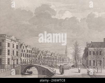 Vue du Rapenburg à Leyde depuis le Nieuwsteegbrug, 1807, quatre plaques d'art représentant le Rapenburg dans la ville de Leyde, tel qu'il apparaissait (des deux côtés), juste avant l'événement fatidique du 12 janvier 1807. Ainsi que les ruines mutuelles causées par cette éruption glacée (titre de la série), vue du Steenschuur, un canal dans le prolongement de la Rapenburg, à Leyde, en bon état avant la catastrophe de la poudre à canon du 12 janvier 1807. Sur la gauche au premier plan le Nieuwsteegbrug avec le Steenschuur derrière. Sur la gauche au coin du Steenschuur se trouve la maison du conseiller J.W. van Noort Banque D'Images