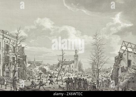 Ruines sur le Rapenburg à Leyde après la catastrophe, 1807, vue depuis le Nieuwsteegbrug de la zone détruite après la catastrophe de la poudre à canon sur le Steenschuur, un canal dans le prolongement du Rapenburg, à Leyde le 12 janvier 1807. Travaux de nettoyage après la catastrophe, salle centrale ennuyeuse, le Pieterskerk au loin sur la gauche. Au premier plan, le corps d'une victime est emporté. Dans la marge une vignette avec la ville de Leyde vierge réconfortée par l'espoir., estampe, imprimeur : Jacob Ernst Marcus, (mentionné sur l'objet), après dessin par : Johannes Jelgerhuis, (mentionné sur l'objet Banque D'Images