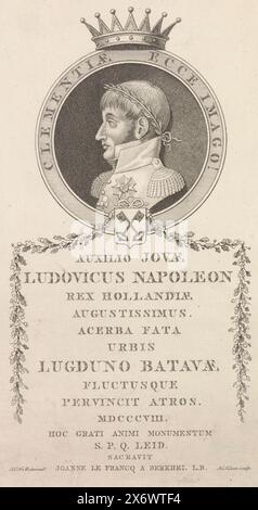 Buste du roi Louis Napoléon, 1808, Clementiae ecce imago ! Auxilio joavae Ludovicus Napoléon rex Hollandiae (...) (titre sur objet), médaillon avec buste du roi Louis Napoléon, 1808. En réponse à la bienveillance manifestée par le roi lors de la catastrophe de la poudre à canon à Leyde le 12 janvier 1807. Avec inscription de bord, dédicace et légende en latin. L'image est fournie avec une explication., impression, imprimeur : Jan Gerritsz. Visser, (mentionné sur l'objet), d'après la conception de : Johannes le Francq van Berkhey, (mentionné sur l'objet), Johannes le Francq van Berkhey, (mentionné sur l'objet), pays-Bas, 1808 Banque D'Images