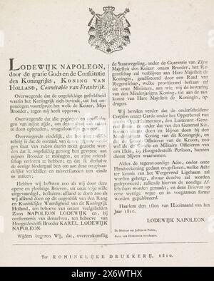 Acte dans lequel Louis Napoléon abdique du trône, 1810, acte officiel dans lequel Louis Napoléon abdique comme roi de Hollande, en faveur de son fils Napoléon Lodewijk, 1er juillet 1810. Texte en deux colonnes, en haut des armoiries royales., feuille de texte, imprimeur : Koninklijke Drukkerij, pays-Bas, juillet 1810, papier, impression typographique, hauteur, 405 mm × largeur, 337 mm Banque D'Images