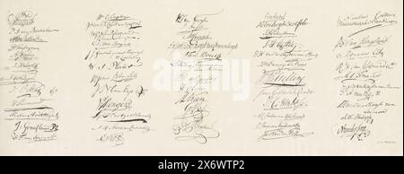 Feuille avec signatures des membres de la réunion des personnalités significatives, 1814, noms signatures des membres de la réunion des personnalités significatives, pour approbation ou désapprobation de la Constitution des pays-Bas Unis. Gravé après les signatures originales (titre de la série sur l'objet), feuille no. 1 de la série de neuf feuilles avec un fac-similé des signatures des membres de l'Assemblée des membres importants réunis pour négocier la nouvelle constitution, à Amsterdam le 29 mars 1814., imprimeur, imprimeur : Cornelis van Baarsel, (mentionné sur l'objet), éditeur : Johannes Allart, imprimeur Banque D'Images