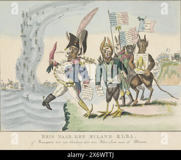 Exil de Napoléon à l'île d'Elbe, voyage à l'île d'Elbe. Ou Bonaparte avec ses disciples à travers un jet d'eau vers la Lune (titre sur objet), Cartoon sur l'exil de Napoléon à l'île d'Elbe et arrivée là-bas le 4 mai 1814. Napoléon comme une créature déformée caricaturale qui marche de la terre dans l'eau. Derrière lui deux généraux français avec des oreilles de chien, le devant avec des pieds d'oiseau. À l'arrière le diable avec un drapeau français avec l'inscription 'To the Moon'. En arrière-plan à droite, les Cosaques poussant des soldats français dans l'eau, à gauche les soldats français étant aspirés dans les airs - vers la lune Banque D'Images