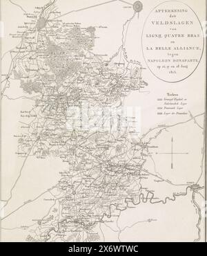 Plan des batailles de quatre-bras et Waterloo, 16-18 juin 1815, dessin des batailles de Lignij, quatre bras et la belle Alliance, contre Napoléon Bonaparte, les 16, 17 et 18 juin 1815 (titre sur objet), carte de la région entre Bruxelles et Charleroi où les batailles ont eu lieu entre les armées des Alliés et l'armée française sous Napoléon entre le 16 et le 18 juin 1815 à Ligny, quatre-bras et Waterloo. Les ordres de bataille des armées sont montrés sur la carte., impression, imprimeur : Johannes Fredericus Lange, (mentionné sur l'objet), pays-Bas, 1815 - 1816, papier, gravure, gravure Banque D'Images