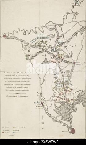 Plan des batailles de quatre-bras et Waterloo, 15-18 juin 1815, Plan des batailles livrées les 15, 16, 17 et 18 juin 1815 (...) par les armées des Alliés, sous le commandement suprême du duc de Wellington, remportant la victoire sur les Arméniens français, dirigés par Napoléon Buonaparte (titre sur l'objet), carte de la région entre Bruxelles et Charleroi où les batailles ont eu lieu entre les armées entre le 15 et le 18 juin 1815 à Ligny, Wavre, quatre-bras et Waterloo des Alliés et de l'armée française sous Napoléon. Les ordres de bataille des armées sont indiqués sur la carte. Les différents endroits Banque D'Images