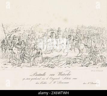 Bataille de Waterloo, 1815, bataille de Waterloo. Dessiné sur pierre d'après le croquis original de den Ridder J.W. Pieneman (titre sur objet), la bataille de Waterloo, 18 juin 1815. Vue du champ de bataille au moment où le commandant anglais Wellington apprend que l'aide prussienne est en route. Le blessé Guillaume, Prince d'Orange, est emmené au premier plan gauche. Les commandants et autres officiers à cheval sont au centre, avec des soldats blessés et morts au premier plan à droite. En arrière-plan, les batailles font rage sur le champ de bataille. En haut des tailles en pieds rhénans., imprimer, imprimer Banque D'Images