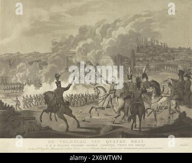 Prince d'Orange dirige les troupes néerlandaises à quatre-bras, 1815, la bataille de quatre bras. SAR Willem Fredrik George Lodewijk, Prince d'Orange le 16 juin 1815, Willem Frederik George, Prince d'Orange, dirige les troupes néerlandaises contre une attaque française lors de la bataille de quatre-bras, le 16 juin 1815. Au centre le Prince d'Orange à cheval parmi ses officiers d'état-major. A gauche l'affrontement entre les troupes néerlandaises et françaises, à droite les troupes anglaises viennent à la rescousse., imprimeur, imprimeur : Friedrich Christoph Dietrich, (mentionné sur l'objet), pays-Bas, 1815, papier, gravure, hauteur Banque D'Images