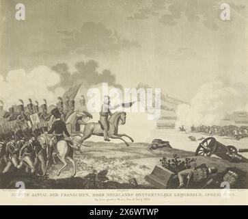 Prince d'Orange dirige les troupes néerlandaises à quatre-bras, 1815, première attaque des Français, repoussé par le héros guerrier immortel hollandais. Aux quatre bras, le 16 juin 1815 (titre sur objet), première série de quatre planches des batailles de quatre-bras et Waterloo (titre de la série), Willem Frederik George, prince d'Orange, dirige les troupes néerlandaises contre une attaque française lors de la bataille de quatre-bras, le 16 juin 1815., imprimerie, imprimerie: Willem Hendrik Hoogkamer, (mentionné sur l'objet), éditeur : J. Numan, (mentionné sur l'objet), imprimeur : pays-Bas, Editeur : Amsterdam, 1815, papier, gravure, hauteur Banque D'Images