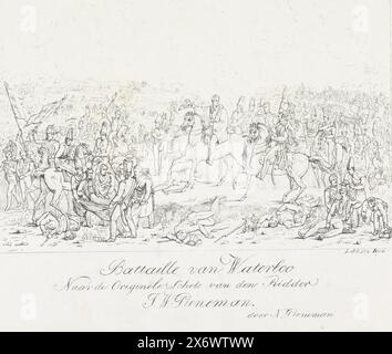 Bataille de Waterloo, 1815, bataille de Waterloo D'après le croquis original de den Ridder J.W. Pieneman (titre sur l'objet), bataille de Waterloo, 18 juin 1815. Vue du champ de bataille au moment où le commandant anglais Wellington apprend que l'aide prussienne est en route. Le blessé Guillaume, Prince d'Orange, est emmené au premier plan gauche. Les commandants et autres officiers à cheval sont au centre, avec des soldats blessés et morts au premier plan à droite. En arrière-plan, les batailles font rage sur le champ de bataille. Ci-dessous à droite les mesures en pieds rhénans., impression, imprimeur Banque D'Images