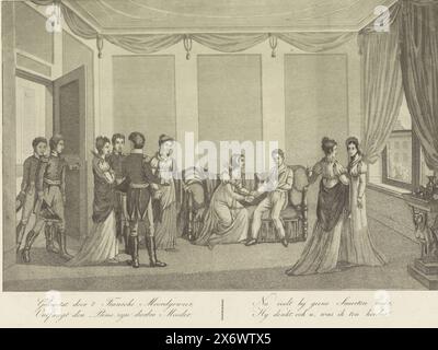 Visite de la Reine au Prince blessé d'Orange, 1815, blessé par le fusil français Moord (...) (titre sur objet), la Reine Wilhelmine de Prusse rend visite à son fils Willem Frederik George, Prince d'Orange, qui est blessé à Bruxelles a été touché lors de la bataille de Waterloo le 18 juin 1815. Dans la légende un verset de quatre lignes. Voir aussi pendentif., impression, imprimeur : anonyme, pays-Bas, 1815, papier, gravure, hauteur, 277 mm × largeur, 366 mm Banque D'Images