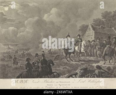Rencontre entre Wellington et Blücher après la bataille de Waterloo, 1815, S.D.A. le Prince Blucher, de Walstadt. Et Lord Wellington, Prince de Waterloo rencontra à la poursuite des Français, à la Landhoeve la belle Alliance, le 18 juin (titre sur objet), deuxième série de quatre planches des batailles de quatre-bras et Waterloo (titre de la série), rencontre entre les commandants en chef, le duc de Wellington et le prince Blücher, dans la soirée après la bataille de Waterloo le 18 juin 1815, devant la ferme de la belle Alliance., imprimeur : Dirk Sluyter, (mentionné sur l'objet), après Banque D'Images
