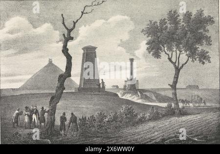 Arbre de Picton, L'arbre Picton (titre sur l'objet), vue sur le champ de bataille de Waterloo avec divers monuments, au premier plan visiteurs au soi-disant 'arbre de Picton', l'arbre où le général britannique Sir Thomas Picton est mort pendant la bataille, le 18 juin 1815. Au loin la pyramide., estampe, imprimeur : anonyme, éditeur : Jobard frères, (mentionné sur l'objet), Belgique, 1820 - 1850, papier, hauteur, 240 mm × largeur, 288 mm Banque D'Images