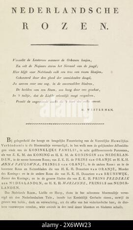 Explication de l'estampe avec les roses avec les silhouettes de la famille Royale, 1816, Nederlandsche Rozen (titre sur l'objet), feuille de texte avec un poème et l'explication de la représentation de l'estampe avec le bouquet de roses dans lequel les silhouettes de la famille Royale sont incorporées. A l'occasion du mariage du prince d'Orange et d'Anna Paulowna à Saint-Pétersbourg le 21 février 1816. En haut le même couplet de huit lignes que dans l'impression., feuille de texte, Marten Westerman, (mentionné sur l'objet), éditeur : Evert Maaskamp, Amsterdam, 1816, papier, typographie, hauteur Banque D'Images