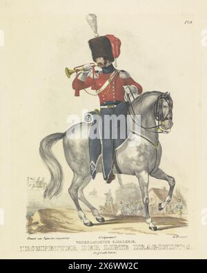 Trompettiste en uniforme complet, trompettiste en grand uniforme, 1820-1825, Kavalry hollandais. Trompettiste des Light Dragoons. En grande tenue (titre sur objet), costumes militaires du Royaume des pays-Bas. Dédié à son Excellence Willem van Bylandt (titre de la série sur objet), représentation uniforme d'un trompettiste des dragons légers de la cavalerie en grand uniforme, à cheval. Numéroté en haut à droite : PL. 9. Partie de la série de 53 plaques d'uniformes des soldats du Royaume des pays-Bas dans la période 1820-1825., imprimeur, imprimeur : A. Courtois, (mentionné sur l'objet), imprimeur Banque D'Images