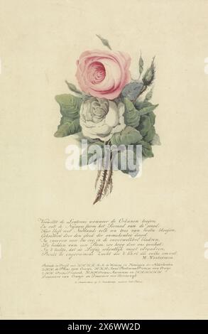 Roses avec les silhouettes de la famille Royale, 1816, bouquet avec une rose et une rose blanche dans lesquelles les silhouettes de la famille Royale sont incorporées. A l'occasion du mariage du prince d'Orange et d'Anna Paulowna à Saint-Pétersbourg le 21 février 1816. Sous les fleurs un verset de huit lignes et une liste des noms des personnes représentées. Une déclaration séparée accompagne l'impression., impression, imprimeur : Evert Maaskamp, (mentionné sur l'objet), Marten Westerman, (mentionné sur l'objet), éditeur : Evert Maaskamp, (mentionné sur l'objet), Amsterdam, 1816, papier, hauteur, 331 mm × largeur Banque D'Images