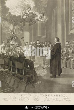 Luther à la Diète à Worms, 1521, Déclaration de M. Luther. Pour Z.K. votre Majesté Charles le Cinquième Empereur d'Autriche à la Diète impériale de Worms. Dans den 1521 (titre sur objet), Martin Luther se défend contre l'empereur Charles Quint à la Diète de Worms, le 18 avril 1521. Dans les airs deux putti avec des portraits de Jan Hus et Hieronymus van Praag. Dans la légende un cygne, symbole de l'église luthérienne. Probablement créé dans le contexte du troisième centenaire de la réforme, 1517-1817., imprimeur, imprimeur : Dirk Sluyter, (mentionné sur l'objet), d'après le design de : Haatje Pieters Banque D'Images