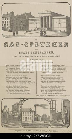 Salutation du nouvel an des briquets lanternes à gaz d'Amsterdam pour l'année 1872, le briquet à gaz des lanternes de la ville, aux résidents de la ville d'Amsterdam (titre sur objet), salutation du nouvel an des briquets lanternes à gaz d'Amsterdam pour l'année 1872. Centralement un verset en deux colonnes. Au sommet de la place du Dam avec la foire Zocher à Amsterdam. Au fond de la Hollandsche Gasfabriek et deux monteurs de gaz au travail. Du gaz lamplighter : A. Noordijk., imprimeur, imprimeur : anonyme, imprimeur : weduwe C. Kok-van Kolm, (mentionné sur l'objet), imprimeur : W. Kok, (mentionné sur l'objet Banque D'Images