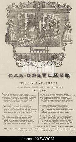 Salutation du nouvel an des briquets lanternes à gaz d'Amsterdam pour l'année 1854, le briquet à gaz des lanternes de la ville, aux résidents de la ville d'Amsterdam (titre sur objet), salutation du nouvel an des briquets lanternes à gaz d'Amsterdam pour l'année 1854. Cartouche avec un visage dans une rue d'Amsterdam où des hommes sont occupés à allumer les lampadaires. Un autre homme collecte de l'argent dans une maison. A gauche et à droite une femme debout avec une torche et une lanterne à pétrole, au bas de l'usine de gaz d'Amsterdam. Avec poème en deux colonnes. Du gaz lamplighter : H. Heuperman., impression, impression Banque D'Images