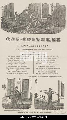 Salutation du nouvel an des briquets lanternes à gaz d'Amsterdam pour l'année 1865, le briquet à gaz des lanternes de la ville, aux résidents de la ville d'Amsterdam (titre sur objet), salutation du nouvel an des briquets lanternes à gaz d'Amsterdam pour l'année 1865. Centralement un verset en deux colonnes. Le sommet d'une rue d'Amsterdam a été brisé pour la construction du gazoduc. Deux monteurs de gaz en bas. Du briquet à gaz : J. Lingree., imprimeur, imprimeur : anonyme, imprimeur : weduwe C. Kok-van Kolm, (mentionné sur l'objet), Amsterdam, 1864 - 1865, papier, typographie, hauteur, 341 Banque D'Images