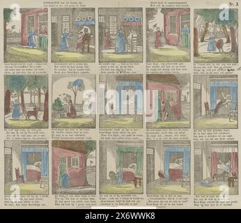 Little Red Riding Hood peut être une leçon, pour les enfants grands et petits, la désobéissance a toujours préparé pour elle-même la punition la plus dure (titre sur l'objet), feuille avec le conte de fées de Little Red Riding Hood en quinze représentations. Au-dessous de chaque image se trouve un verset de quatre lignes. Numéroté en haut à droite : no 3. Env. 1800-1850., imprimerie : P.C.L. van Staden CZN., imprimeur : anonyme, imprimeur : Amsterdam, imprimeur : pays-Bas, 1850 - 1870, papier, gravure sur bois, typographie, hauteur, 289 mm × largeur, 362 mm Banque D'Images