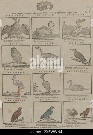 Là garçons, filles, vous avez une impression, où vous trouverez choix d'oiseaux (titre sur l'objet), feuille avec douze représentations d'oiseaux. Au-dessus de chaque image le nom de l'oiseau et en dessous un verset de deux lignes. Equipé du sceau du Maatschappij Tot Nut van 't Algemeen. Numéroté en haut à droite : La. K. env. 1840-1900., print, Hendrik van Munster & Zoon, (mentionné sur l'objet), éditeur : Maatschappij tot Nut van 't Algemeen, (mentionné sur l'objet), éditeur : weduwe Jeronimus Ratelband, Amsterdam, éditeur : Amsterdam, imprimeur : pays-Bas, 1840 - 1899, papier, impression typographique, hauteur Banque D'Images