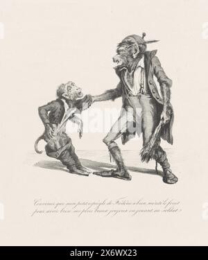 Deux singes, 1830, caricature avec le roi Guillaume Ier comme un singe adulte se préparant à châtier un jeune singe, le prince Frederik, avec une tige. Avec légende sur deux lignes., impression, imprimeur : anonyme, Belgique, 1830 - 1831, papier, hauteur, 313 mm × largeur, 241 mm Banque D'Images