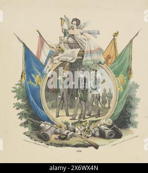 Médaillon avec des chasseurs bénévoles de l'Université des sciences appliquées de Leyde, 1830, médaillon allégorique avec une représentation de quelques chasseurs bénévoles de l'Université des sciences appliquées de Leyde, 1830. Sur le sol devant le médaillon se trouvent des armes et des parties de l'armure des armoiries de la ville de Leyde. Bannières de chaque côté, au sommet des attributs de l'étude universitaire : livres, stylo et papier, avec un putto soufflant une corne. Voir aussi le pendentif., estampe, imprimeur : Michel Mourot, (mentionné sur l'objet), imprimeur : Johannes Paulus Houtman, (mentionné sur l'objet), éditeur : H.H. Schreuder Banque D'Images